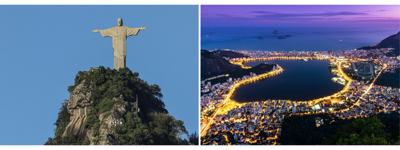 Tượng chúa Kito trên đỉnh núi Corcovado và Đầm phá Rodrigo de Freitas.