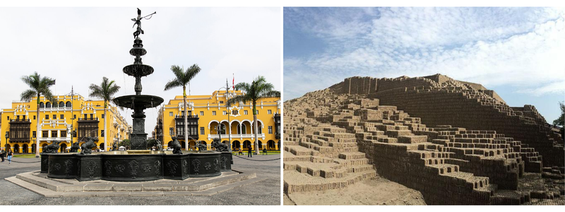 Quảng trường Plaza de Armas (Plaza Mayor) và Kim tự tháp Huaca Pucllana.