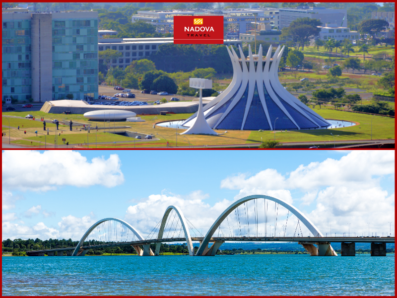 Nhà thờ Brasília với kiến trúc ấn tượng và cây cầu Juscelino Kubitschek độc đáo bắc qua hồ Paranoá.